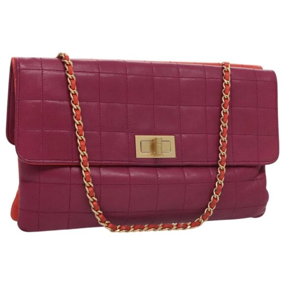 CHANEL Choco Bar Chain Hand Bag Lamb Skin Purple Pink CC Auth bs20703 - Picture 1 of 15